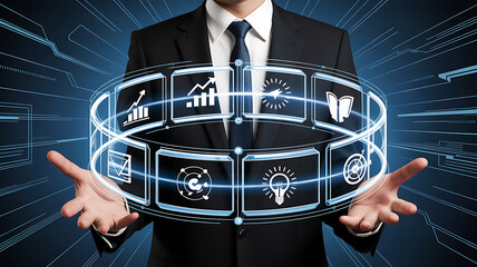 Man in suit presenting glowing digital interface with business icons