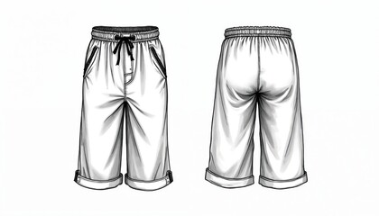 Fashion flat sketch of white mens wide leg shorts. These loose fit bermuda pants have elastic waist and cuff hems. Front and back views shown.