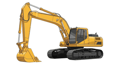 Heavyduty yellow excavator isolated on a white background ready for construction work.