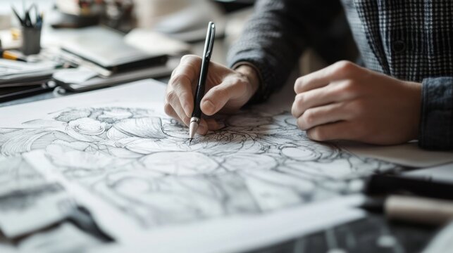 Creative process depicting an artist meticulously sketching a detailed piece