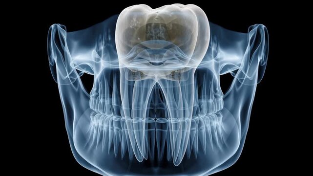 Dental Health Innovation concept ,Tooth anatomy with transparent jaw and skull showing detailed molar root structure and dental anatomy medical