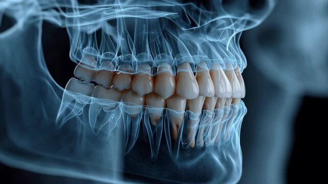Dental Health Innovation concept ,Human teeth anatomy dental structure jawbone gum oral health tooth roots molar canine incisor detailed medical