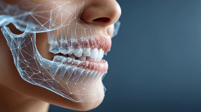 Dental Health Innovation concept ,Close up smiling mouth with white teeth and digital skull overlay showing dental health and human jaw lips