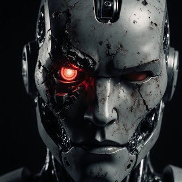 Image of a damaged killer robot head featuring one glowing red eye