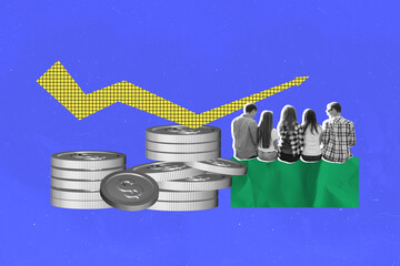 Sketch template design 3D collage composite of pile coins arrow graphics money economy budget finance income friends man lady sit together