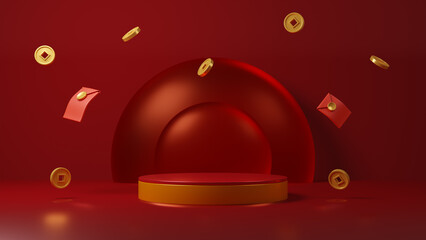 Lunar New Year poster. Design red and gold colors for illustration background, cards, banners. Happy Chinese new year design. Mid autumn festival. Japanese, Korean, Vietnamese lunar new year.3d render