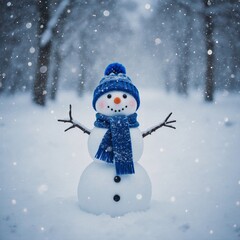 Obraz premium Cheerful snowman with blue hat and scarf in a magical winter wonderland