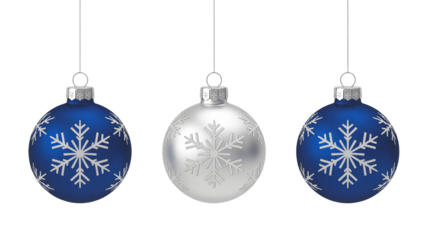 Three christmas ornaments with snowflakes hanging on white background