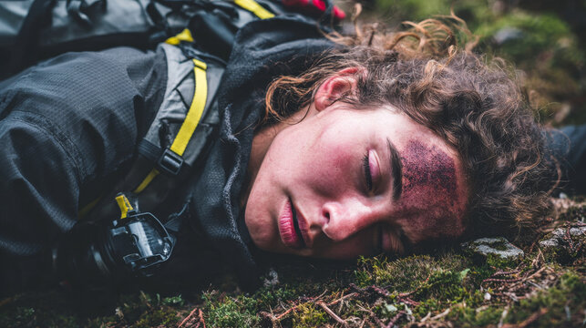 Unconscious injured female mountain climber hiker lying on ground after accident, showing emergency rescue, outdoor adventure risk, wilderness injury, survival challenge, and hiking safety concept