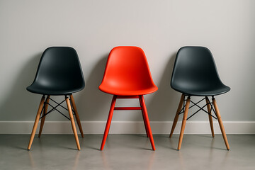 Obraz premium Modern minimalist interior showing three stylish chairs with bold red seat standing out in contrast between two black wooden chairs