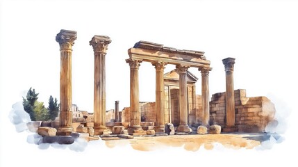 Roman ruins of Timgad. Roman ruins of Timgad hand drawn watercolor illustration on white background