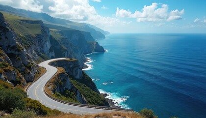 Winding scenic road curves along steep rugged ocean cliffs under bright blue sky. Turquoise sea waves crash on rocky coast below. This amazing route is perfect for car travel and journey adventure.