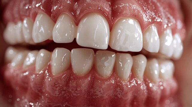 Dental Health Innovation concept ,Close up of healthy human teeth and gum with natural dental shine and texture showing moist mouth and oral care