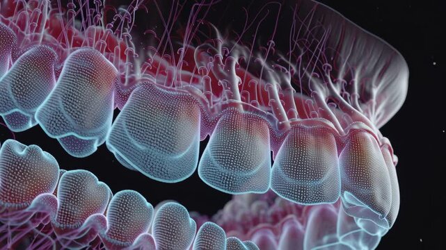 Dental Health Innovation concept ,Transparent glowing digital dental teeth model showing detailed upper lower jaw anatomy with roots nerves enamel
