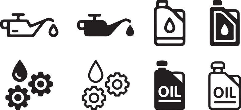 Oil engine motor icon set in flat solid style, isolated on white, ideal for auto service and repair