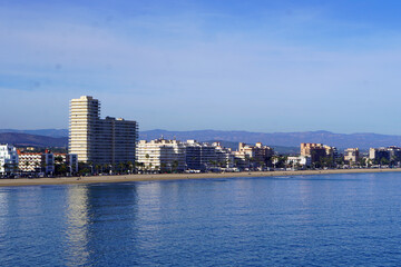 Sea view of the Mediterranean coast with large hotels and tourist apartment buildings. Pe&ntilde;&iacute;scola, Costa del Azahar