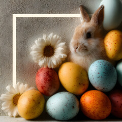 Cute bunny looking at speckled easter eggs