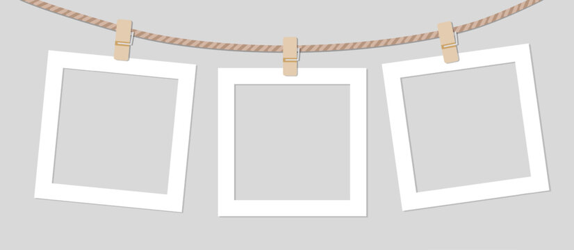 Realistic retro set photo frames hanging on rope isolated on white background vector illustration. Vector illustration of square blank paper. Border blank paper photographs.
