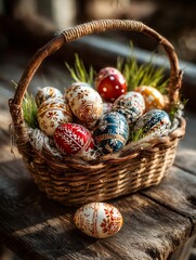 Hand painted easter eggs filling rustic wicker basket