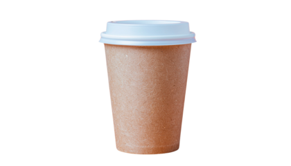 Brown paper coffee cup with beige lid isolated on orange surface transparent PNG