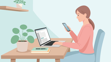 Minimalist Home Office Woman Laptop Smartphone Plants Blue Wall Remote Work Vector Illustration