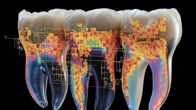 Dental Health Innovation concept ,Tooth decay and cavity risk visualized with colorful heatmap and digital data overlay molar teeth showing dental