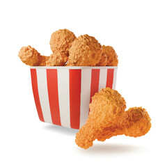 Fried Chicken With striped Bucket 3d Cartoon. Hot crispy strips crunchy pieces. Isolated wings meat Vector Icon Illustration.