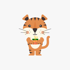 Cute tiger boy with a gift. Vector illustration.