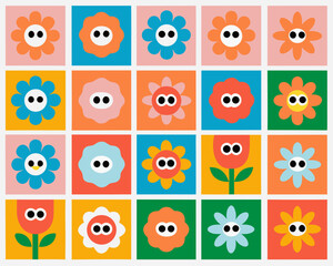 Colorful floral pattern featuring repeating square tiles with simplistic flower designs