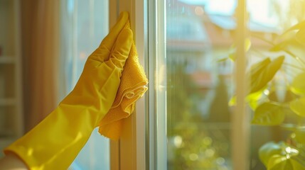 Yellow gloves wipe the window pane, creating an image of cleanliness and comfort, which is suitable for the background of advertisements for household services.