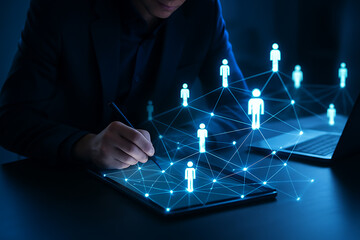 Professional using digital pen on tablet connecting people icons in holographic social network visualization for communication technology