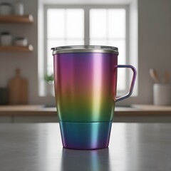 Iridescent Metallic Coffee Cup with Reflective Gradient Colors
