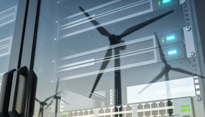 A server rack front panel reflecting rotating wind turbines, symbolizing sustainable computing power.