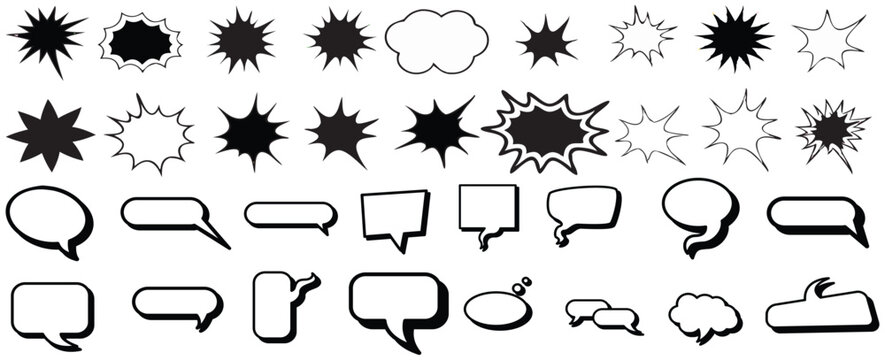 Comic burst, speech bubble, and text box silhouettes in vector style. essential graphic elements set for comic design, pop art, dialog highlights, and creative retro style