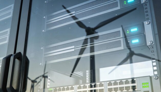 A server rack front panel reflecting rotating wind turbines, symbolizing sustainable computing power. - Powered by Adobe