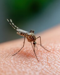 Macro Shot of Mosquito Feeding on Sweaty Arm in Summer - Insect Bite and Pest Control Concept