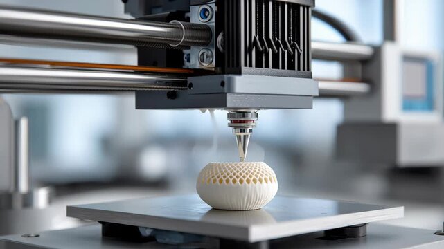 Printer nozzle crafting detailed white object with honeycomb pattern on metal platform in modern workspace environment