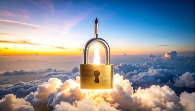 Cybersecurity-themed digital scene with rocket launching from padlock on laptop, surrounded by binary code. - Powered by Adobe