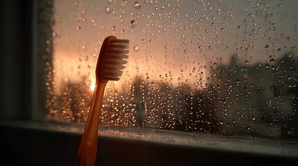 Toothbrush by rainy window at sunset
