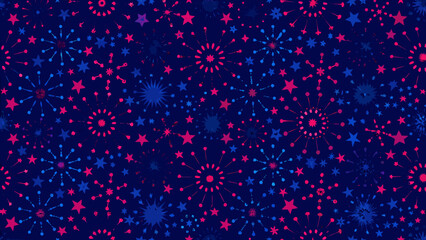 A vibrant pattern of pink and blue firework bursts against a dark background