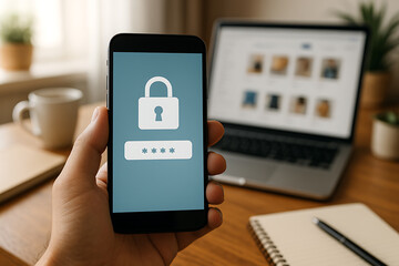 Smartphone locked with password security code representing safe internet banking data privacy encrypted information and digital protection