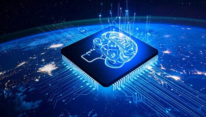 AI microchip glowing with brain icon on illuminated circuit board.