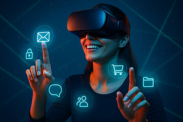 Smiling woman wearing virtual reality headset interacting with glowing holographic icons symbolizing metaverse technology and digital future