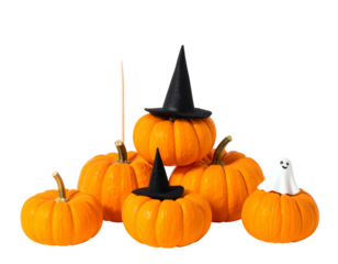 Group of pumpkins with hats and a ghost for fall