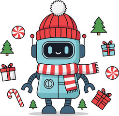 Cheerful Robot Winter Hat Scarf Christmas Trees Gifts Candy Canes Holiday Vector Illustration