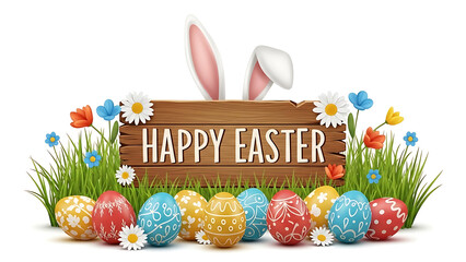 A happy easter illustration with a wooden sign, bunny ears, and colorful eggs
