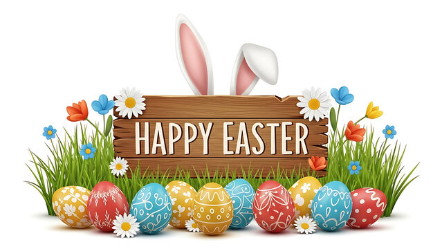 A happy easter illustration with a wooden sign, bunny ears, and colorful eggs - Powered by Adobe
