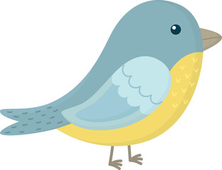 Cute little bird in soft blue and yellow tones. Illustration of spring character isolated on white background