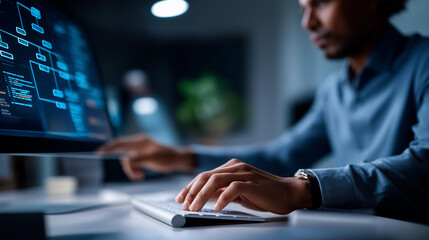 AI automation workflow diagram heavily defocused background artificial intelligence software interface with nodes triggers data tool dashboard coding icon flow AI agent