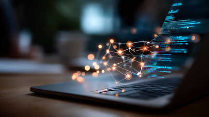 AI automation workflow diagram heavily defocused background artificial intelligence software interface with nodes triggers data tool dashboard coding icon flow AI agent